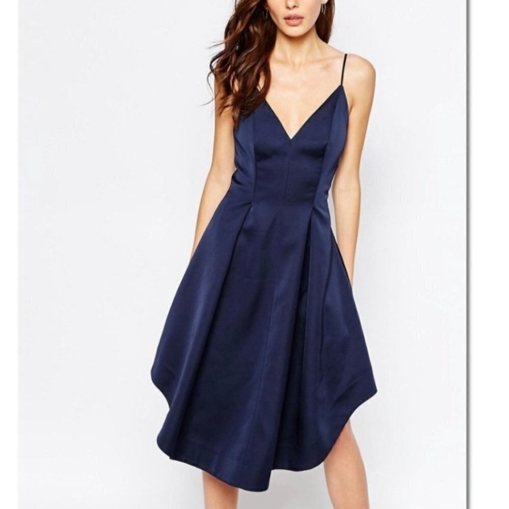 Keepsake Heart Strong Navy Blue Satin Formal Cocktail Party Midi Dress Size M
